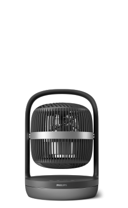 (opens in the same window) A short black Philips Table Fan 3000 Series with automatic oscillation.